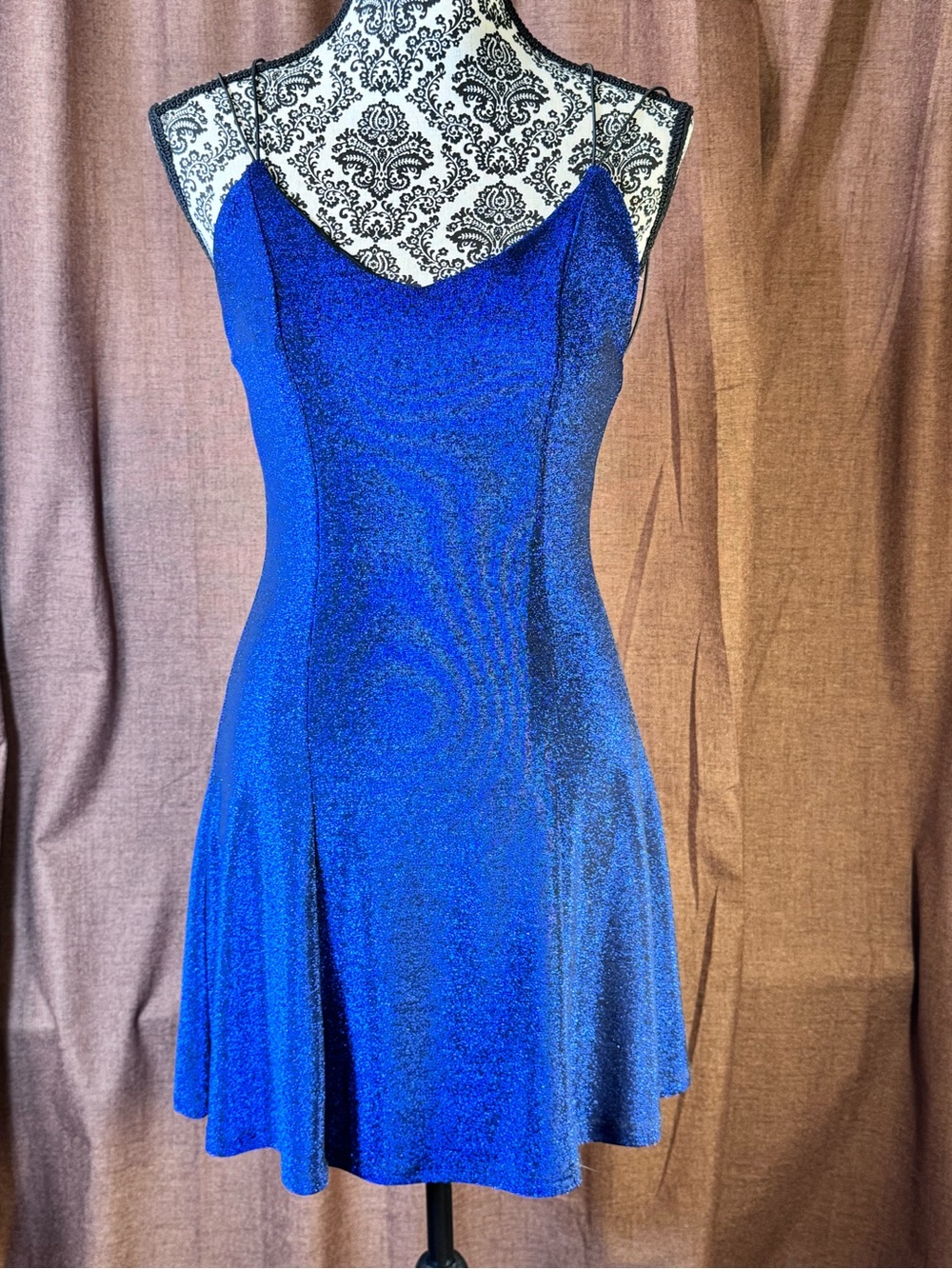 Lulu’s Sparkly Blue Metallic Slip Dress with V-neck and Spaghetti Straps size M